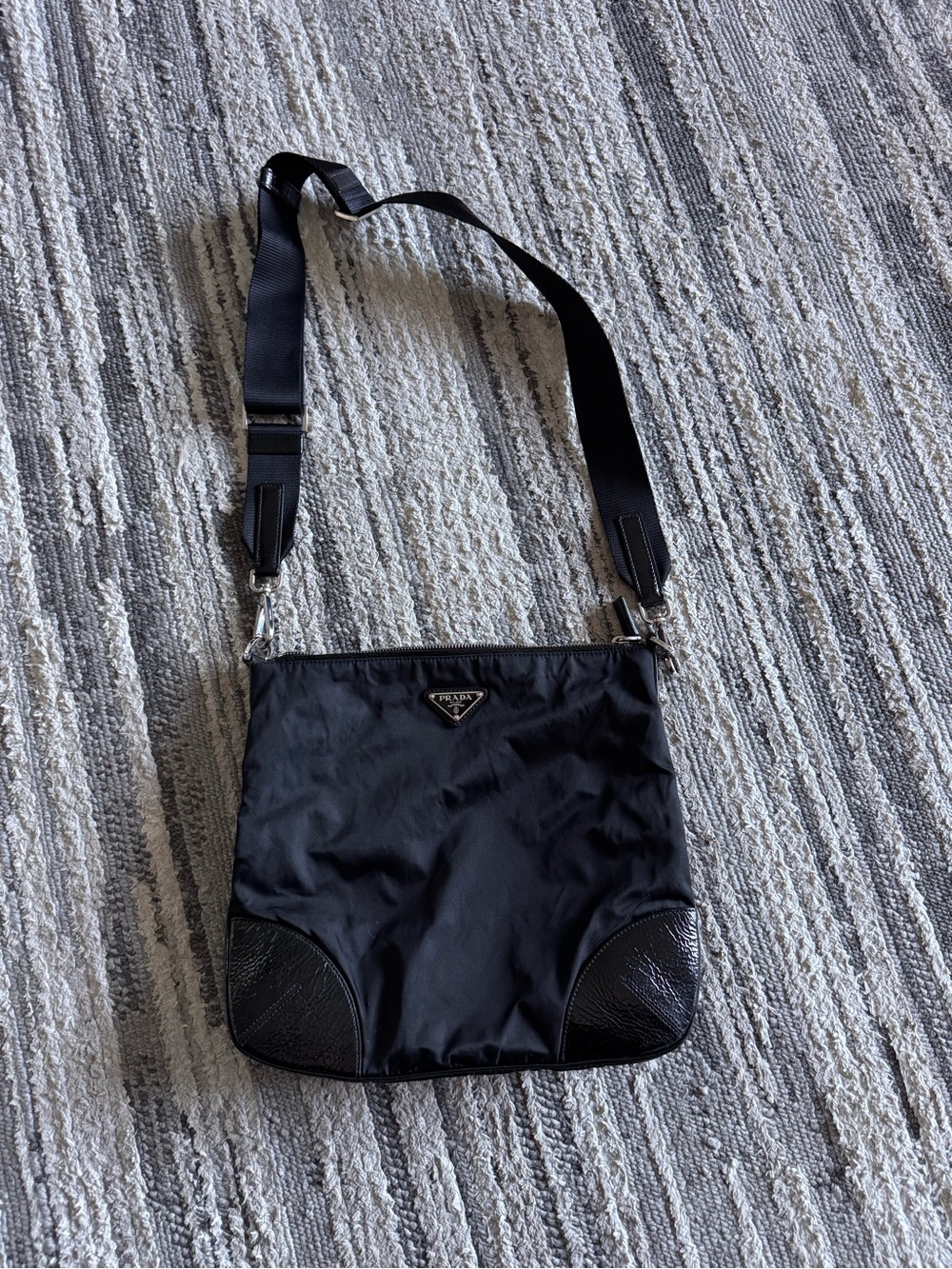 Prada Black Nylon Messenger Bag with Leather Trim